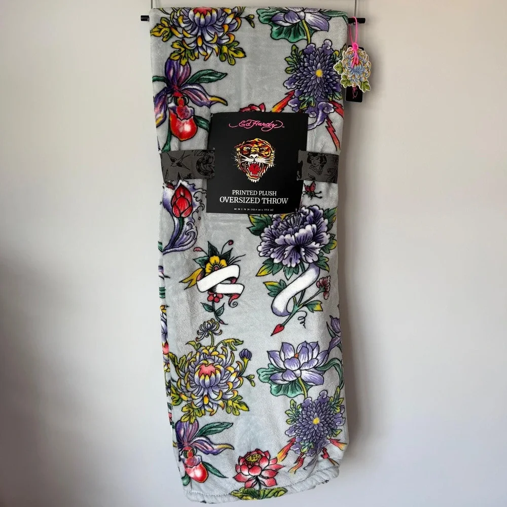 New Ed Hardy Grey Throw Blanket 60x70 Floral Flower Roses Purple Gothic Y2K Red
